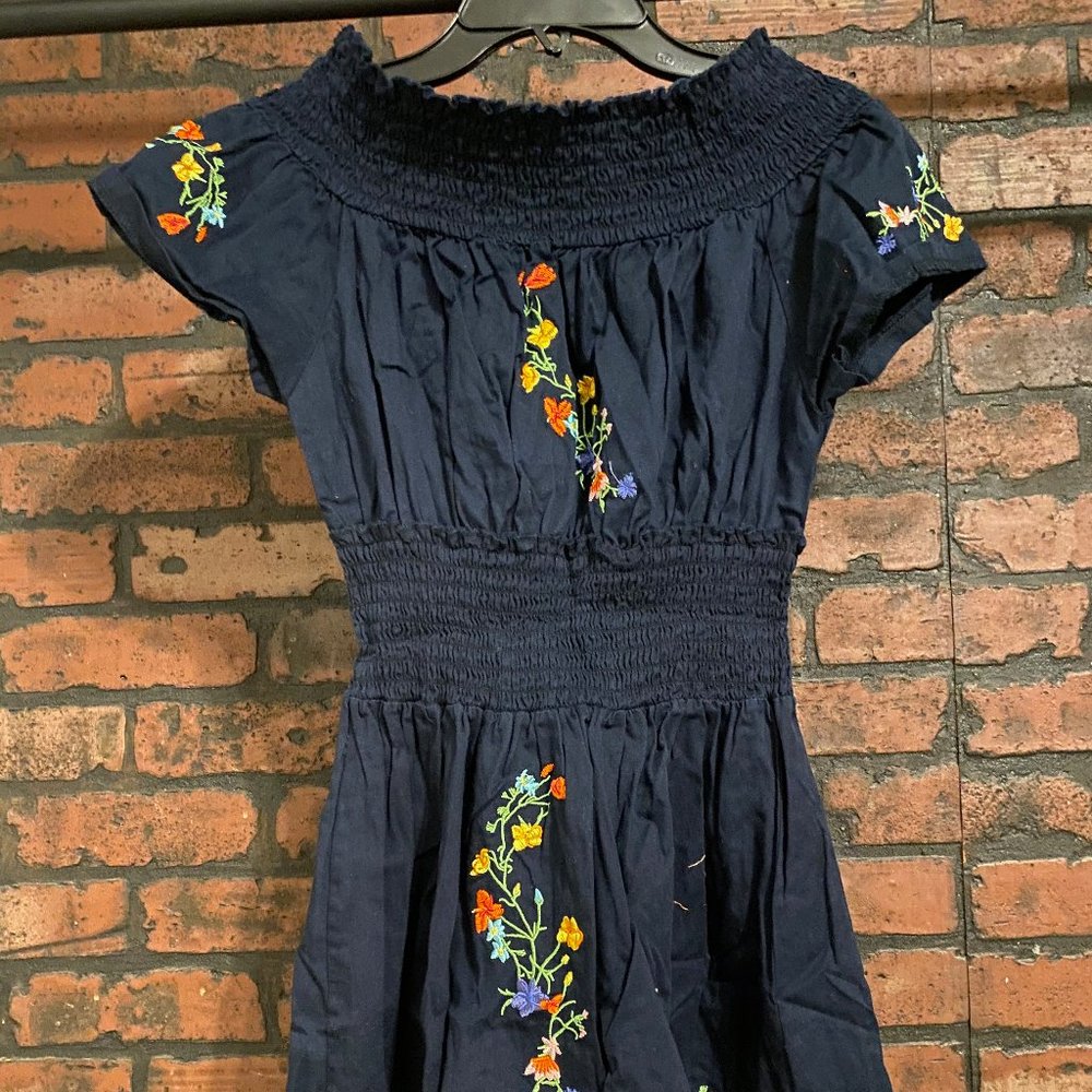 Dark Blue Off-Shoulder Dress w/ Floral Detail